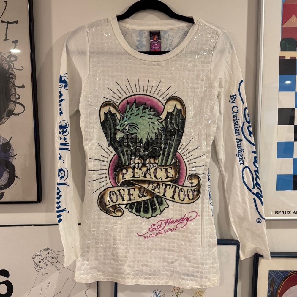 Y2K Ed Hardy White Long Sleeve with Colorful Graphic - size M